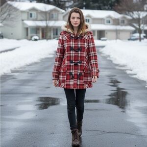 Vintage XX3 Junior’s Medium Plaid Y2K Faux Fur Hoodie Jacket Coat EUC Red/Black